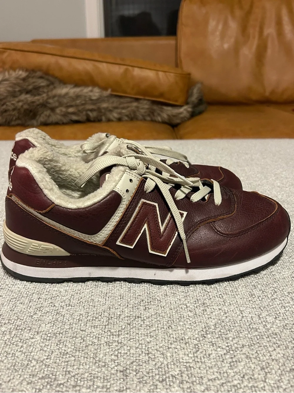 New Balance 574 Brown Burgundy Cream Leather Sneakers with Sherpa - M9 w10.5 - Picture 3 of 8